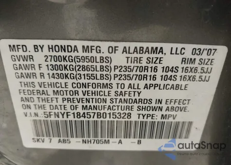 2007 Honda Pilot Ex from USA, damaged, VIN 5FNYF18457B015328